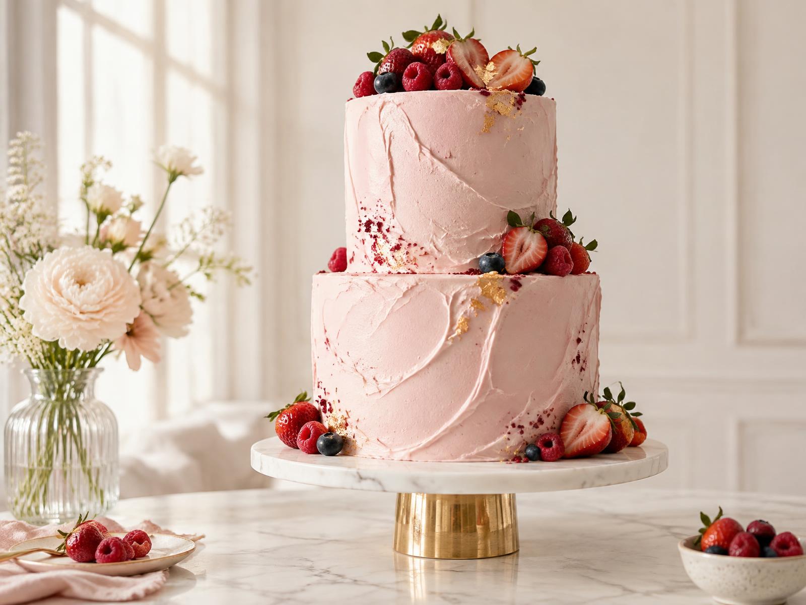 Tvåvånings tårta med rosa smörkräm och färska bär
